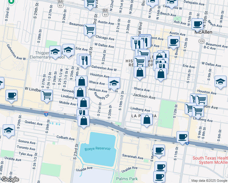 map of restaurants, bars, coffee shops, grocery stores, and more near 916 South 20th Street in McAllen