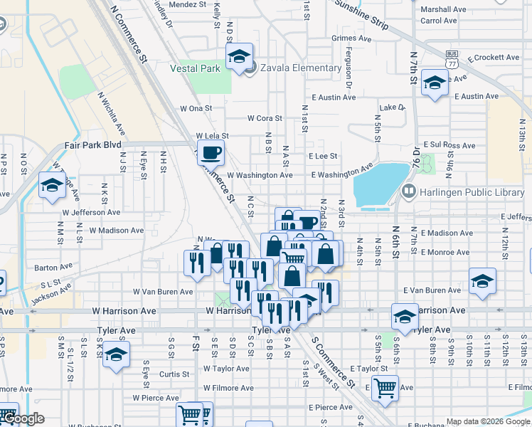 map of restaurants, bars, coffee shops, grocery stores, and more near 300 West Jefferson Avenue in Harlingen
