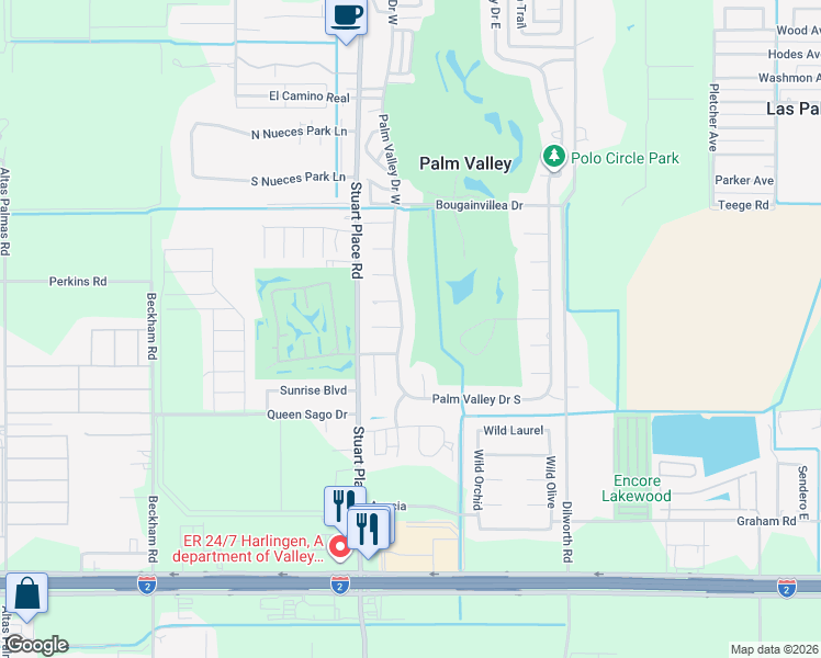 map of restaurants, bars, coffee shops, grocery stores, and more near 300 Palm Valley Drive West in Harlingen