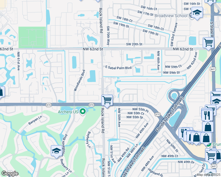 map of restaurants, bars, coffee shops, grocery stores, and more near 5628 Rock Island Road in Tamarac