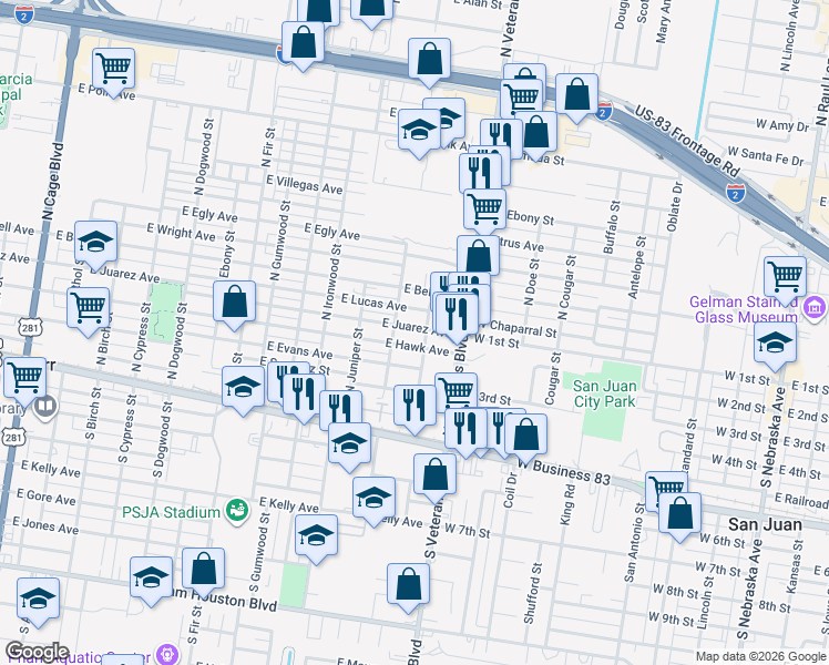 map of restaurants, bars, coffee shops, grocery stores, and more near 1212 E Juarez Ave in Pharr