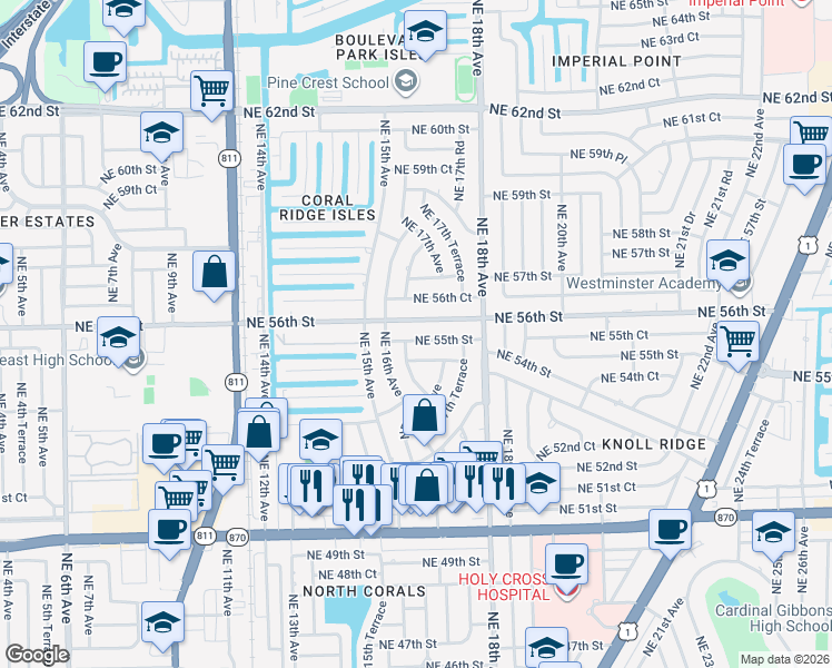 map of restaurants, bars, coffee shops, grocery stores, and more near 1641 Northeast 55th Street in Fort Lauderdale