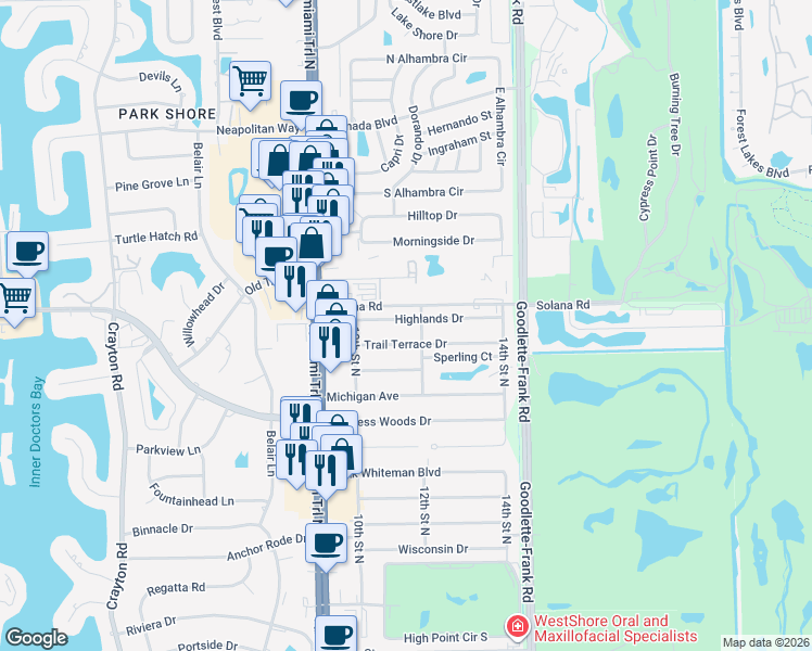 map of restaurants, bars, coffee shops, grocery stores, and more near 1136 Highlands Drive in Naples