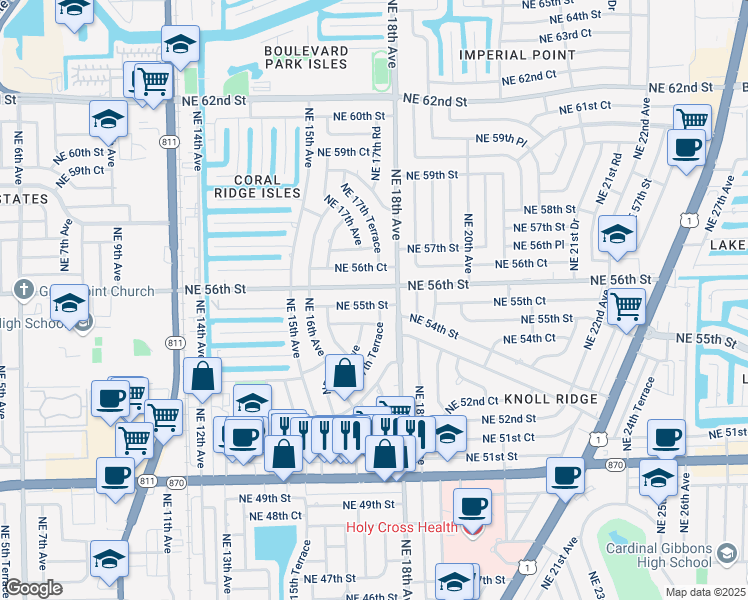 map of restaurants, bars, coffee shops, grocery stores, and more near 1731 Northeast 55th Street in Fort Lauderdale