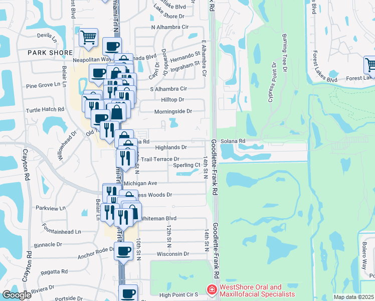 map of restaurants, bars, coffee shops, grocery stores, and more near 1264 Highlands Drive in Naples