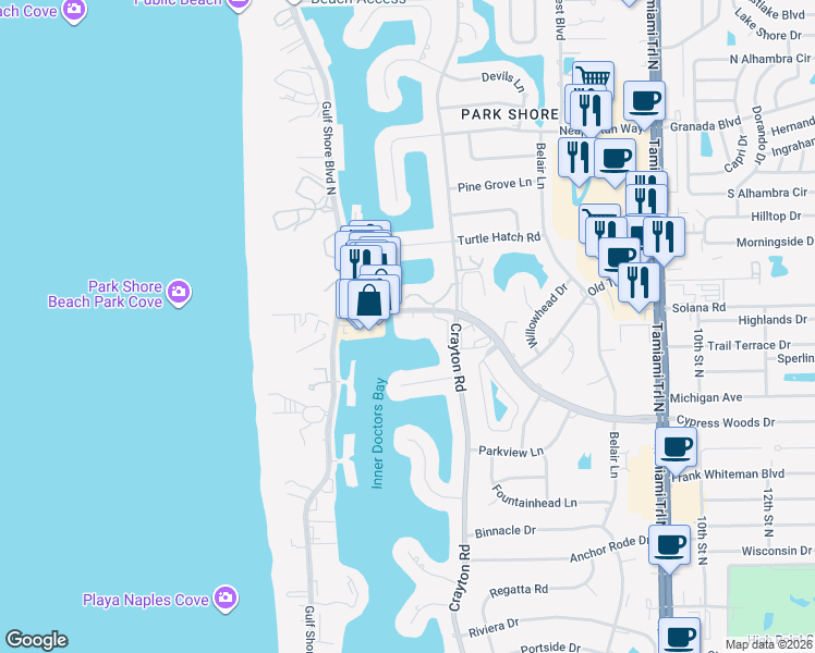 map of restaurants, bars, coffee shops, grocery stores, and more near 300 Park Shore Drive in Naples