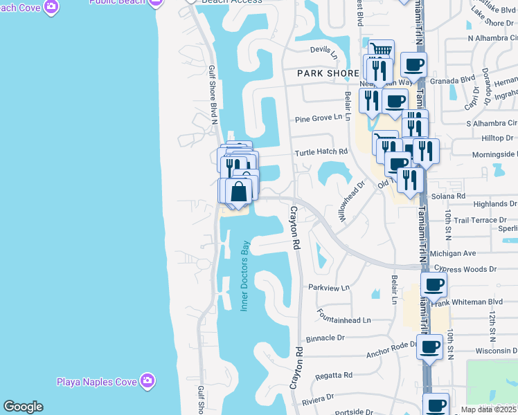map of restaurants, bars, coffee shops, grocery stores, and more near 300 Park Shore Drive in Naples