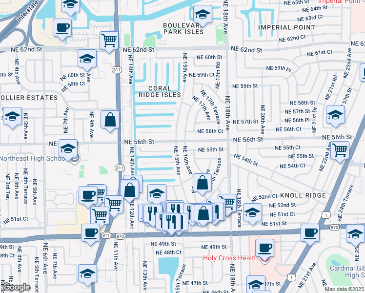 map of restaurants, bars, coffee shops, grocery stores, and more near 5511 Northeast 16th Avenue in Fort Lauderdale