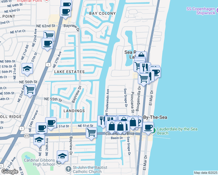 map of restaurants, bars, coffee shops, grocery stores, and more near 4620 Trade Winds Avenue West in Lauderdale-by-the-Sea