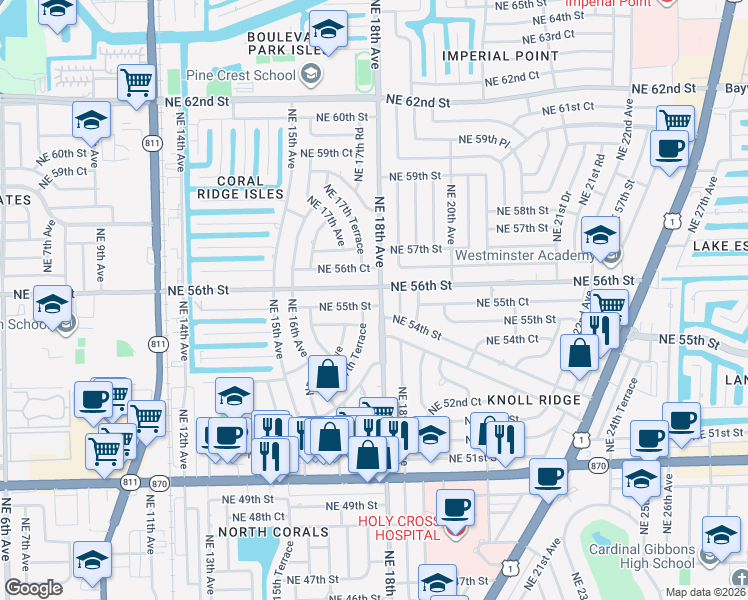 map of restaurants, bars, coffee shops, grocery stores, and more near 5530 Northeast 18th Avenue in Fort Lauderdale