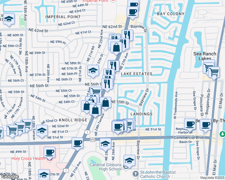 map of restaurants, bars, coffee shops, grocery stores, and more near 5561 Northeast 26th Avenue in Fort Lauderdale