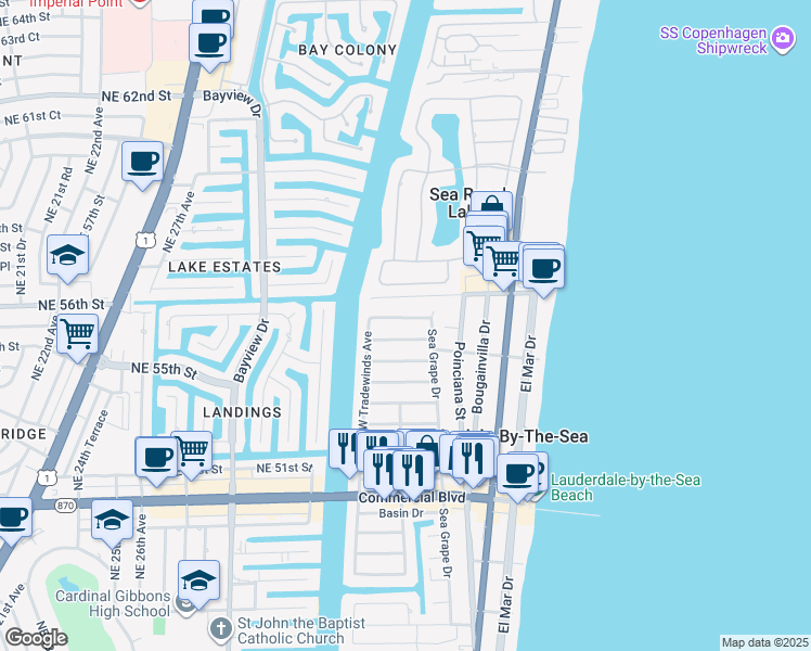 map of restaurants, bars, coffee shops, grocery stores, and more near 244 North Tradewinds Avenue in Lauderdale-by-the-Sea