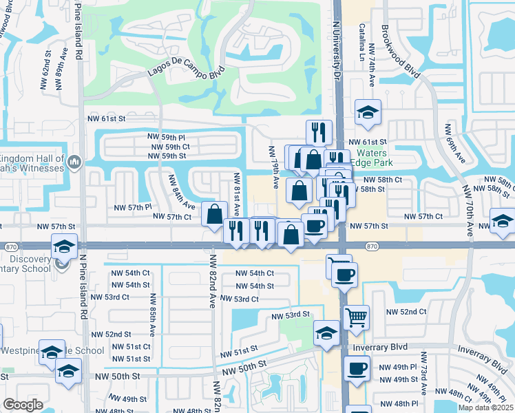 map of restaurants, bars, coffee shops, grocery stores, and more near 5738 Tuscany Way in Tamarac