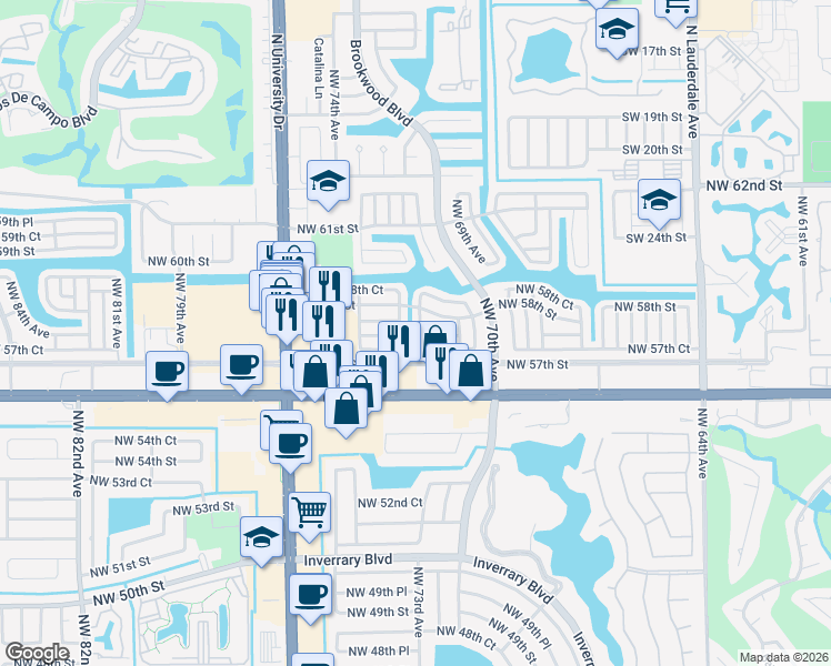 map of restaurants, bars, coffee shops, grocery stores, and more near 5713 Northwest 72nd Avenue in Tamarac