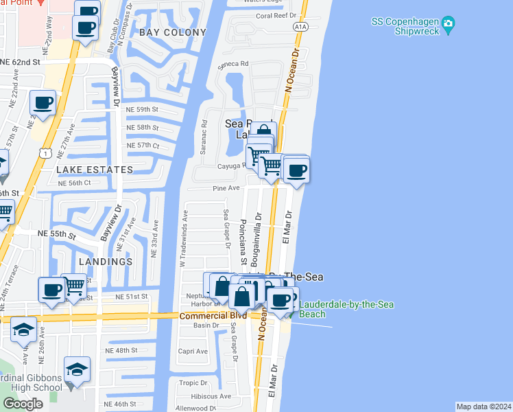 map of restaurants, bars, coffee shops, grocery stores, and more near 4627 Bougainvilla Drive in Lauderdale-by-the-Sea