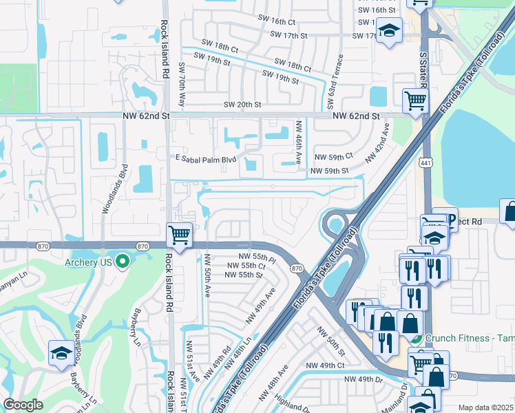 map of restaurants, bars, coffee shops, grocery stores, and more near 4843 Northwest 57th Court in Tamarac