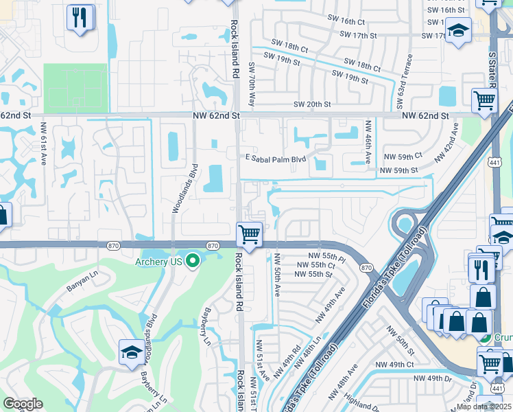 map of restaurants, bars, coffee shops, grocery stores, and more near 5628 Rock Island Road in Tamarac