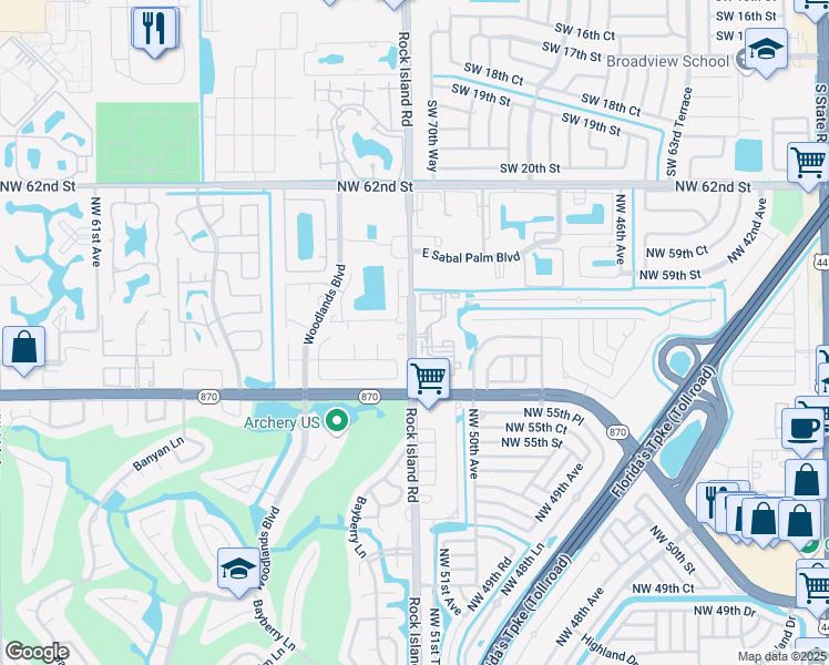 map of restaurants, bars, coffee shops, grocery stores, and more near 5280 Gate Lake Road in Tamarac