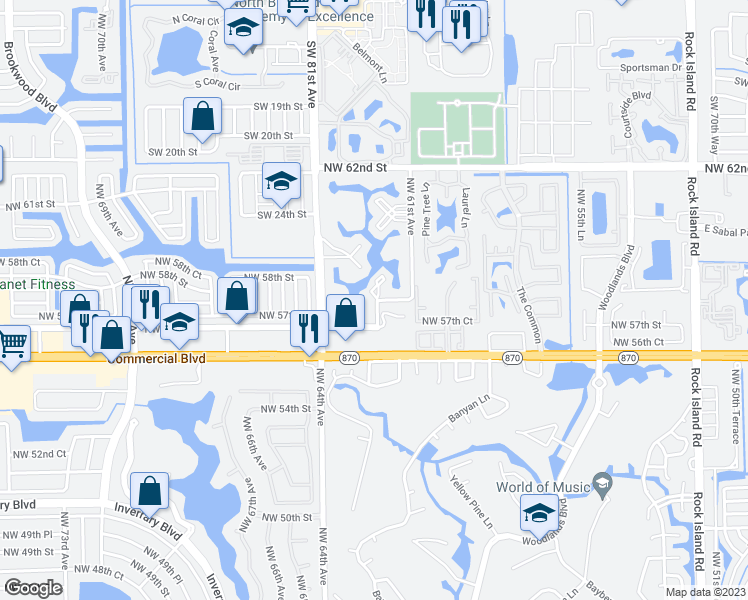 map of restaurants, bars, coffee shops, grocery stores, and more near 22 Northwest 57th Court in Tamarac