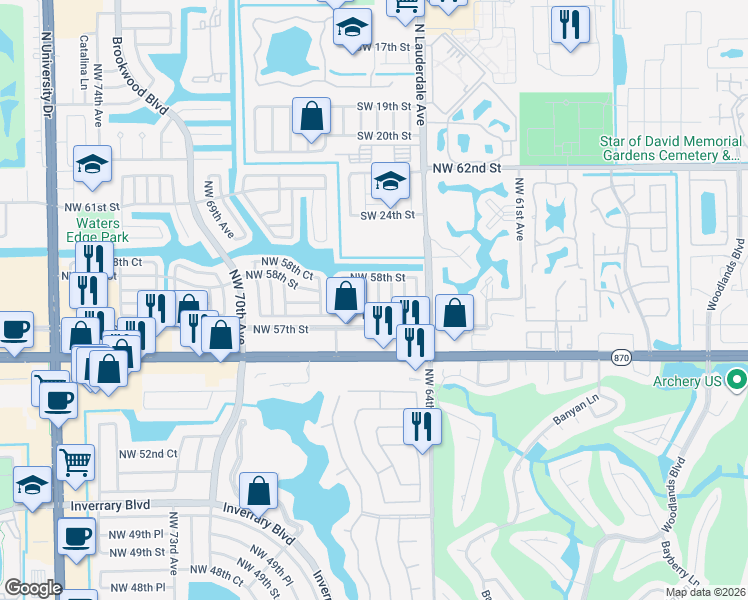 map of restaurants, bars, coffee shops, grocery stores, and more near 5712 Northwest 65th Terrace in Tamarac