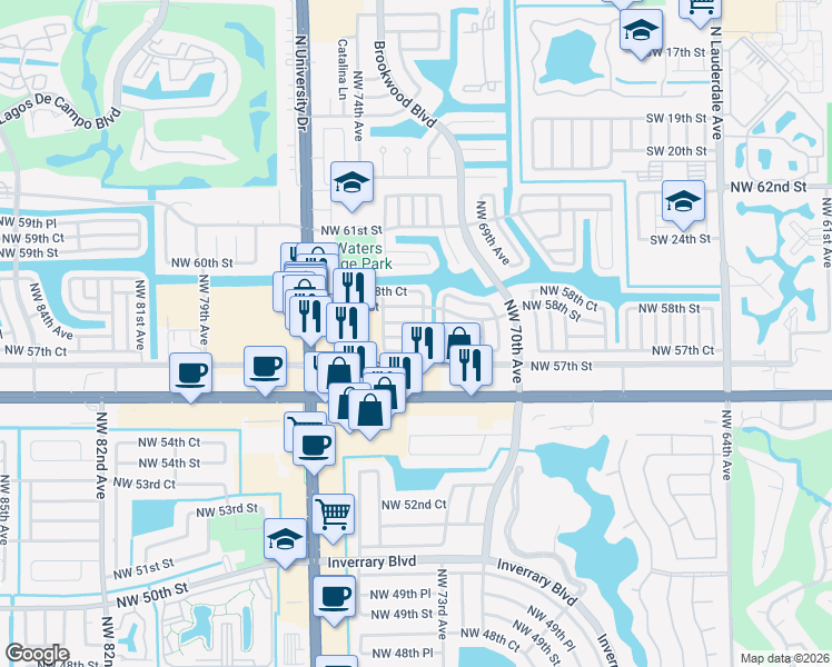 map of restaurants, bars, coffee shops, grocery stores, and more near 7309 Northwest 57th Drive in Tamarac