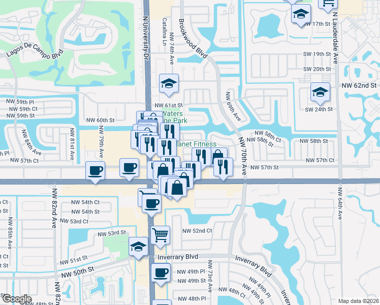 map of restaurants, bars, coffee shops, grocery stores, and more near 7309 Northwest 57th Drive in Tamarac