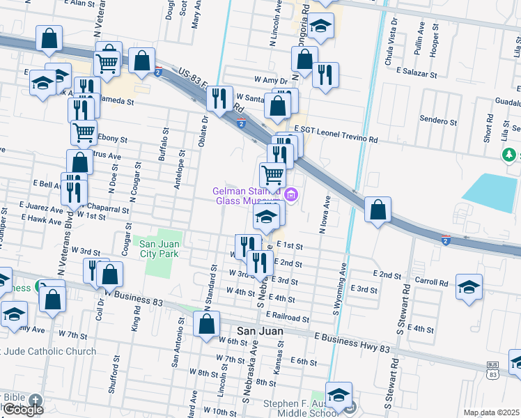 map of restaurants, bars, coffee shops, grocery stores, and more near 300 North Nebraska Avenue in San Juan