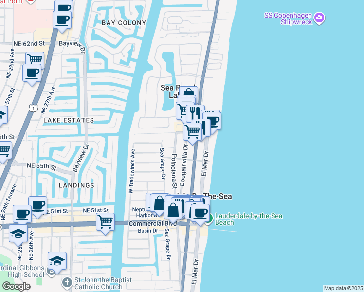 map of restaurants, bars, coffee shops, grocery stores, and more near 4627 Bougainvilla Drive in Lauderdale-by-the-Sea