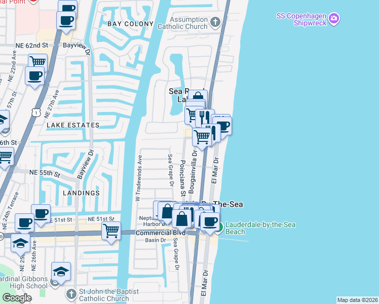 map of restaurants, bars, coffee shops, grocery stores, and more near 4627 Bougainvilla Drive in Lauderdale-by-the-Sea