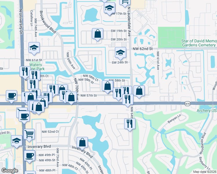 map of restaurants, bars, coffee shops, grocery stores, and more near 5713 Northwest 66th Avenue in Tamarac