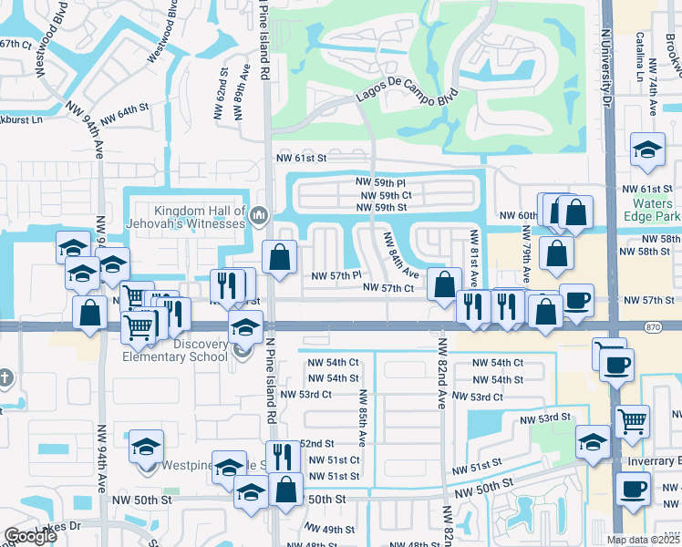 map of restaurants, bars, coffee shops, grocery stores, and more near 5712 Northwest 85th Terrace in Tamarac