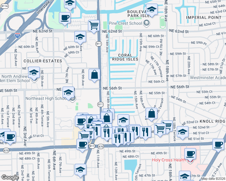 map of restaurants, bars, coffee shops, grocery stores, and more near 1400 Northeast 56th Street in Fort Lauderdale