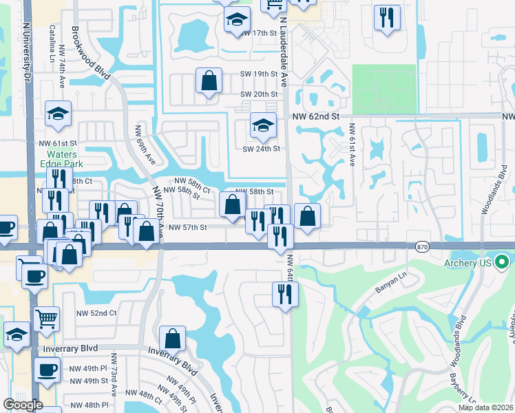 map of restaurants, bars, coffee shops, grocery stores, and more near 5712 Northwest 65th Terrace in Tamarac