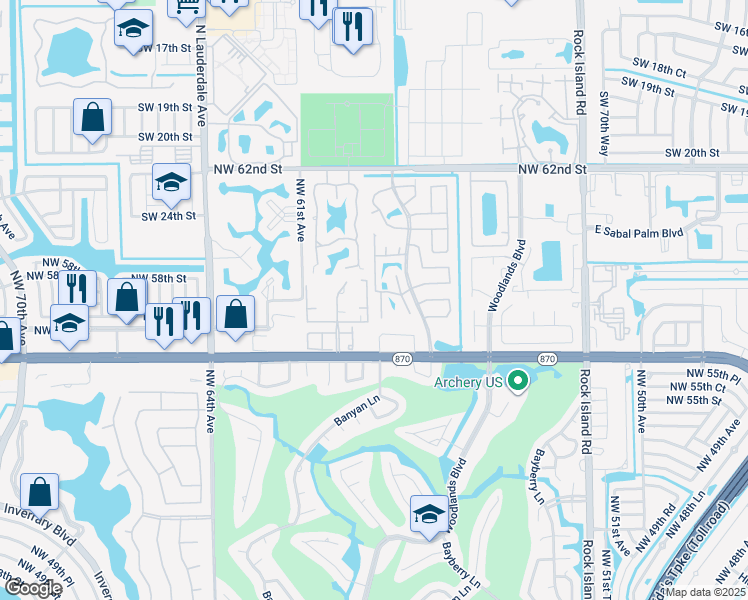 map of restaurants, bars, coffee shops, grocery stores, and more near 5791 Woodland Point Drive in Tamarac