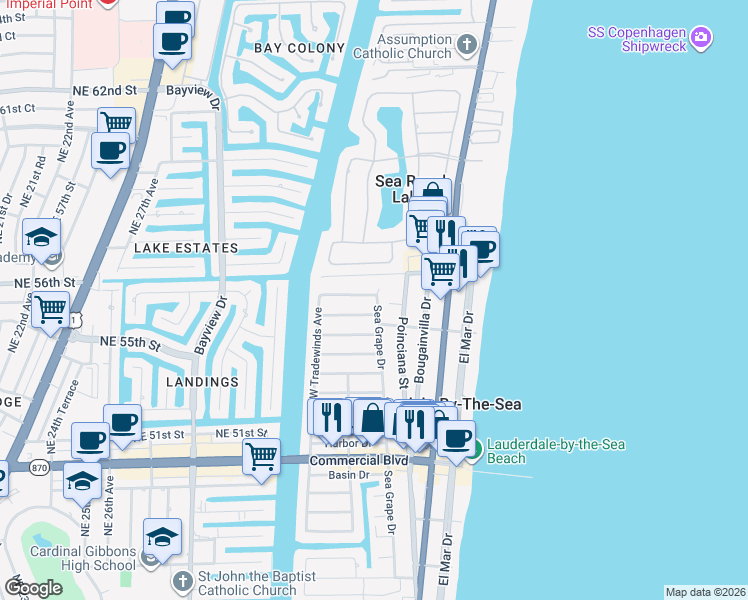 map of restaurants, bars, coffee shops, grocery stores, and more near 4618 Sea Grape Drive in Lauderdale-by-the-Sea