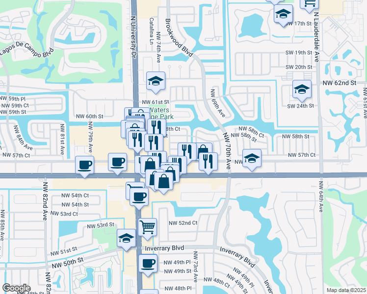 map of restaurants, bars, coffee shops, grocery stores, and more near 7309 Northwest 57th Drive in Tamarac