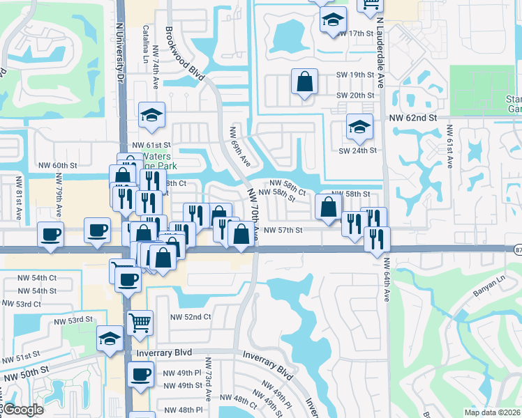 map of restaurants, bars, coffee shops, grocery stores, and more near 5712 Northwest 70th Avenue in Tamarac