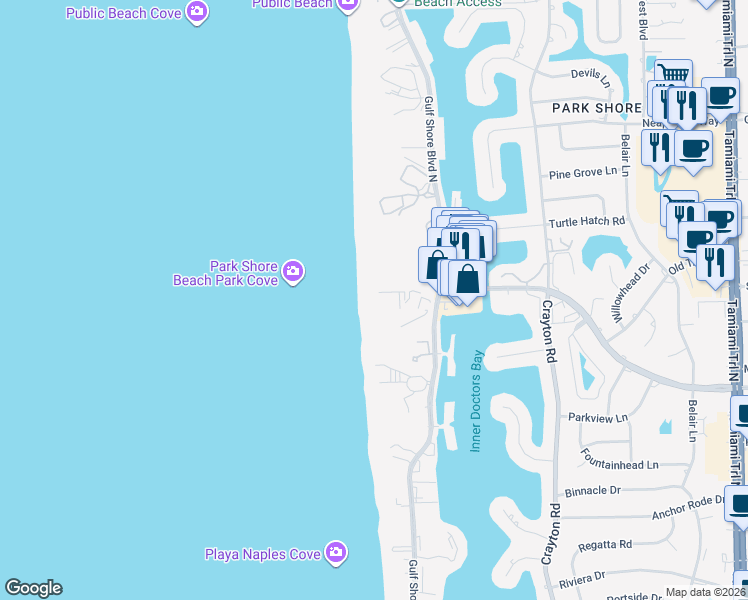 map of restaurants, bars, coffee shops, grocery stores, and more near 4051 Gulf Shore Boulevard North in Naples