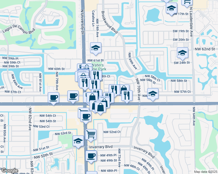 map of restaurants, bars, coffee shops, grocery stores, and more near 7309 Northwest 57th Drive in Tamarac