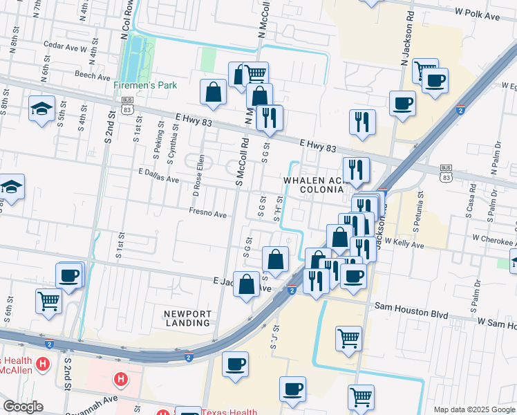 map of restaurants, bars, coffee shops, grocery stores, and more near 26 South G Street in McAllen