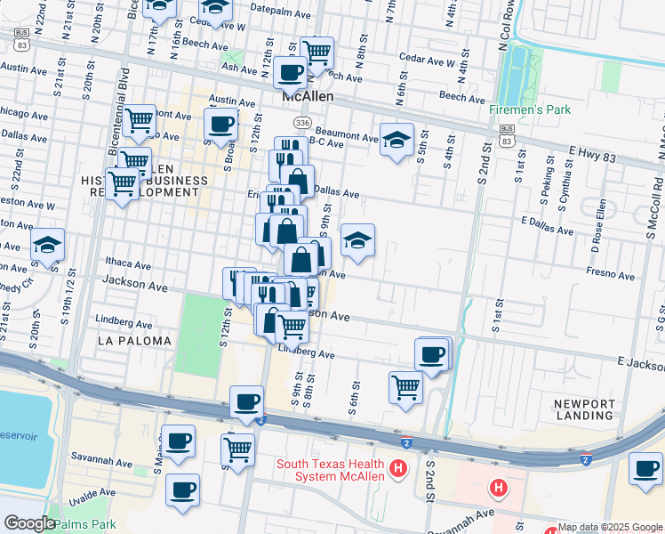 map of restaurants, bars, coffee shops, grocery stores, and more near 808 West Houston Avenue in McAllen