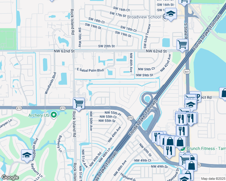 map of restaurants, bars, coffee shops, grocery stores, and more near 4843 Northwest 57th Court in Tamarac