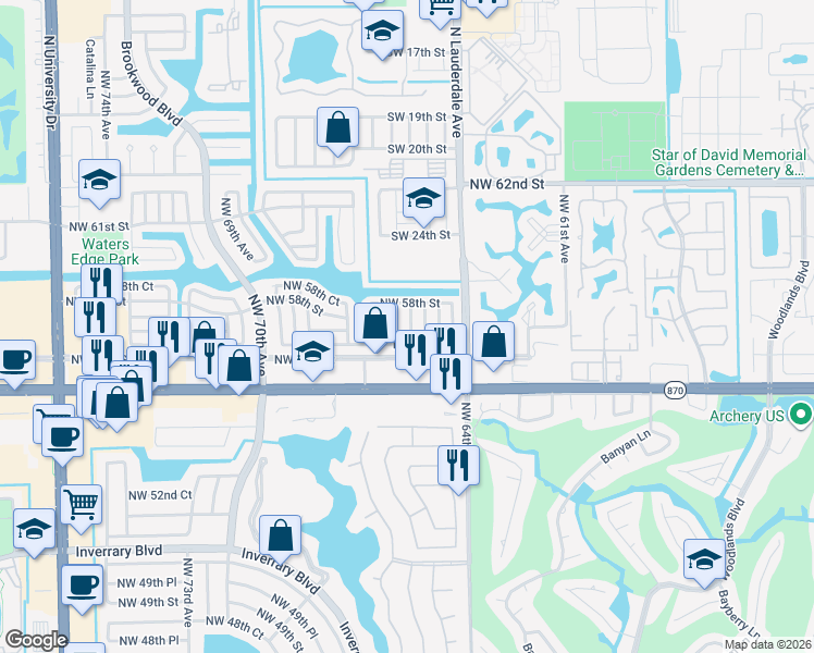 map of restaurants, bars, coffee shops, grocery stores, and more near 5712 Northwest 65th Terrace in Tamarac