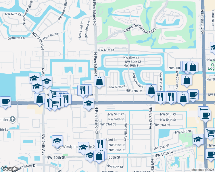 map of restaurants, bars, coffee shops, grocery stores, and more near 5712 Northwest 87th Avenue in Tamarac