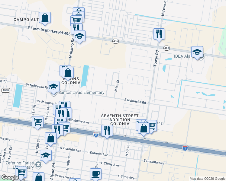 map of restaurants, bars, coffee shops, grocery stores, and more near 808 North 8th Street in Alamo