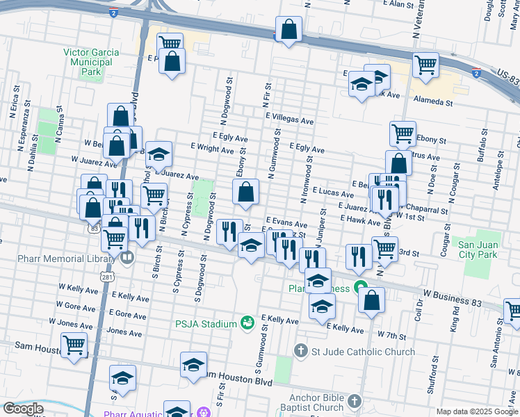 map of restaurants, bars, coffee shops, grocery stores, and more near 712 East Hawk Avenue in Pharr