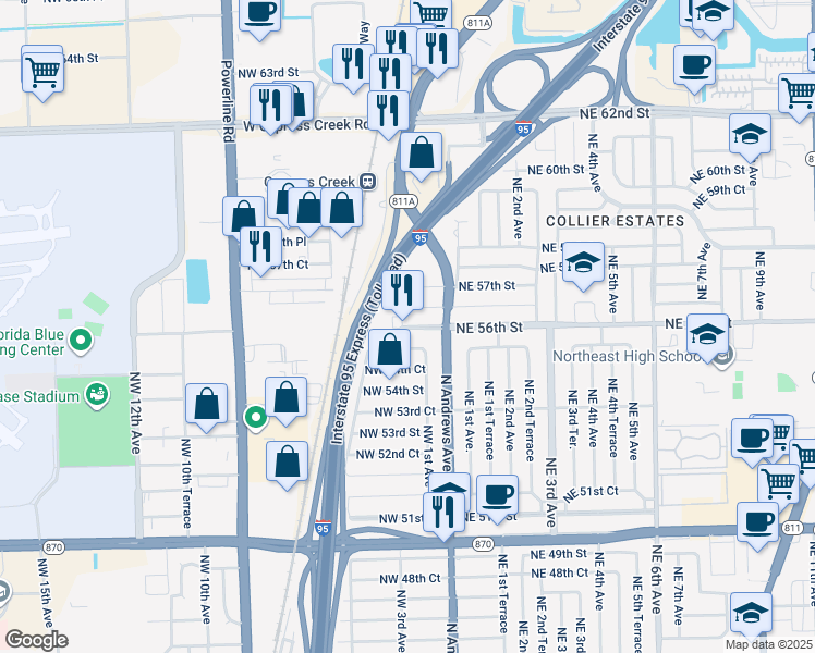 map of restaurants, bars, coffee shops, grocery stores, and more near 301 Northwest 56th Street in Oakland Park
