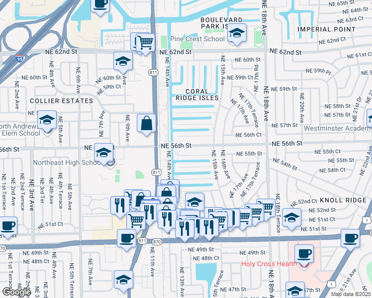 map of restaurants, bars, coffee shops, grocery stores, and more near 1424 Northeast 56th Street in Fort Lauderdale