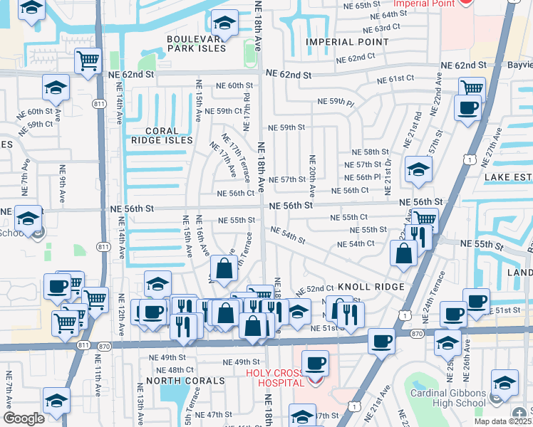 map of restaurants, bars, coffee shops, grocery stores, and more near 5530 Northeast 18th Avenue in Fort Lauderdale