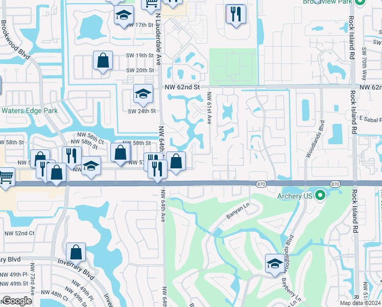 map of restaurants, bars, coffee shops, grocery stores, and more near 22 Northwest 57th Court in Tamarac